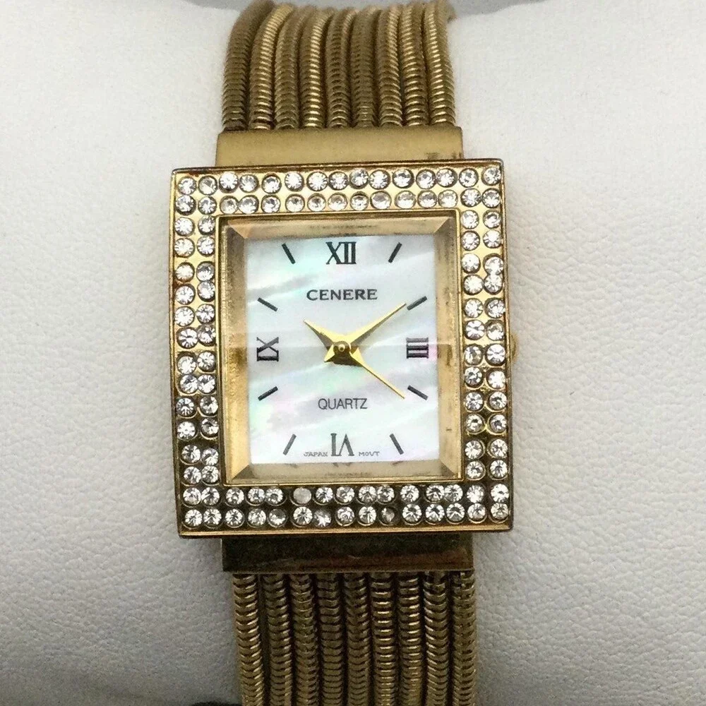 Cenere Womens Watch 24mm White MOP Dial Gold Tone Crystals New Battery 7.25